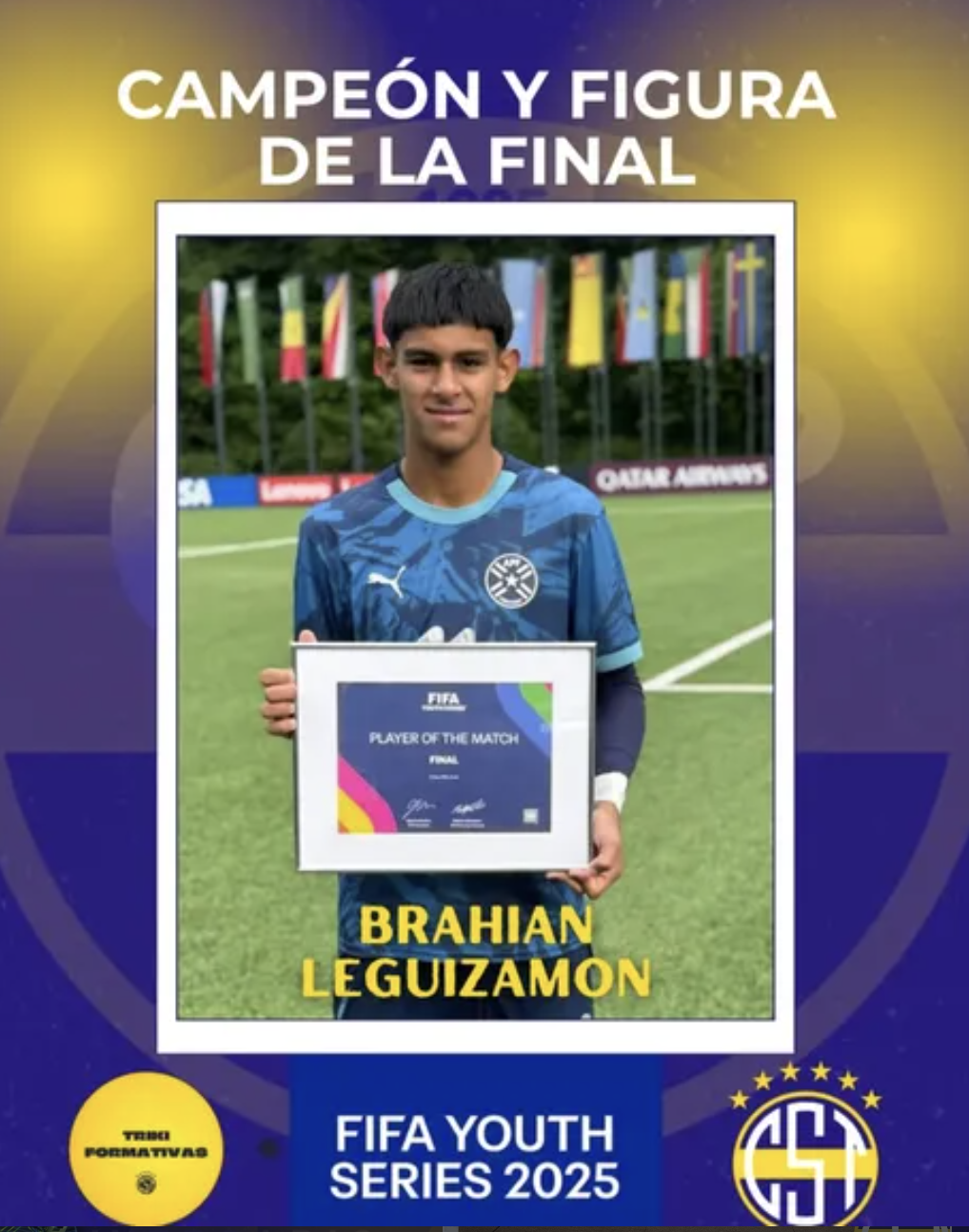 Brahian Leguizamón con el reconocimiento Player of the Match de la final de FIFA Youth Series 2025